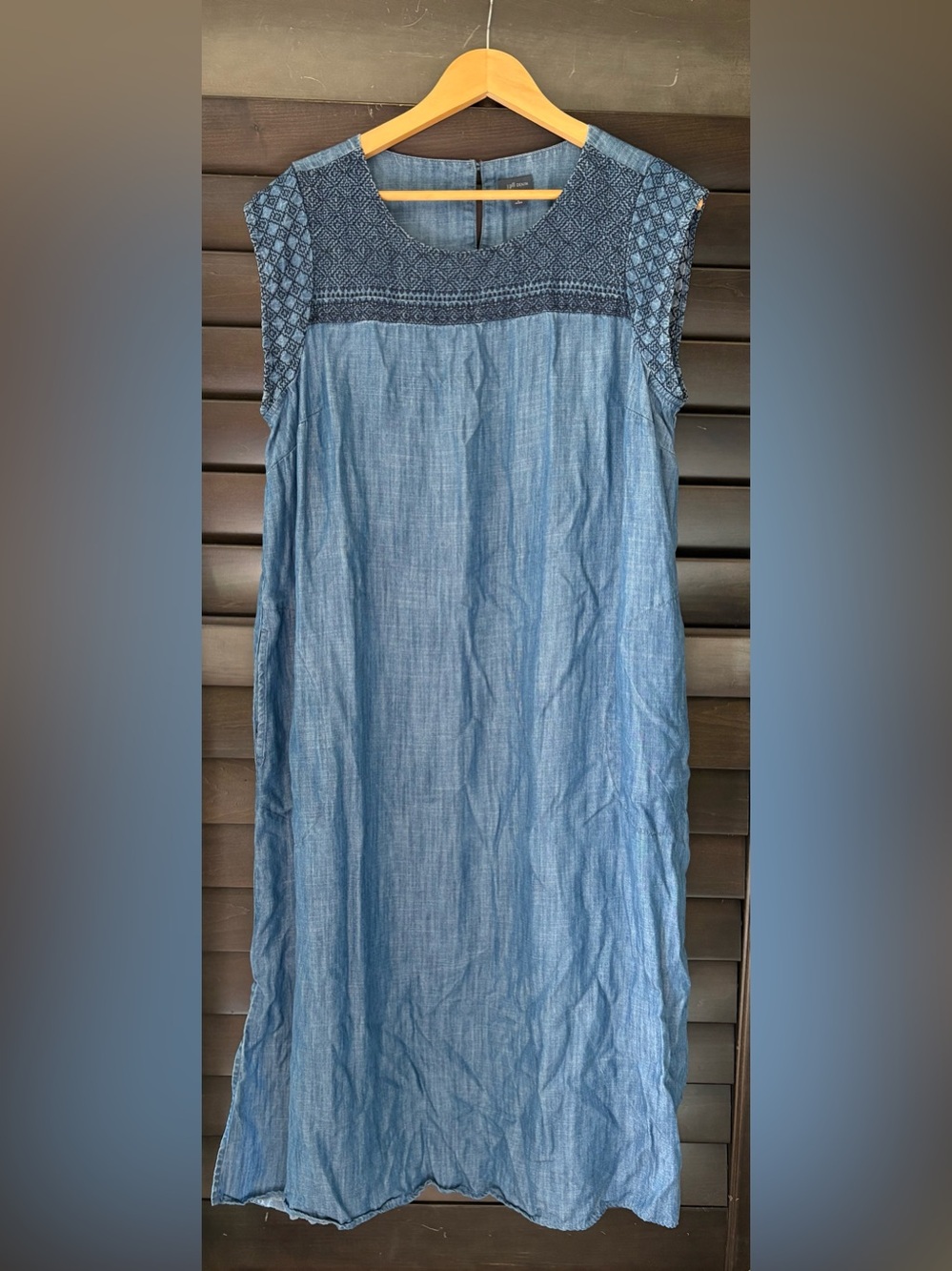 J Jill Blue Denim Dress Petite Large Sleeveless Maxi Embroidery Pockets